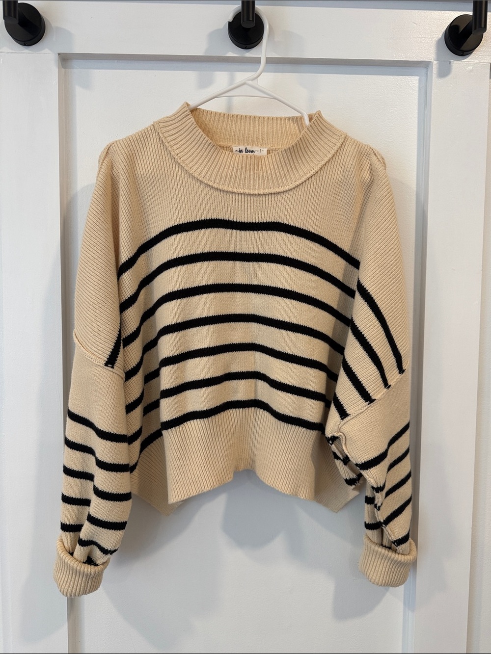 IN LOOM Cream and Black Striped Women's Sweater - Boxy Crewneck